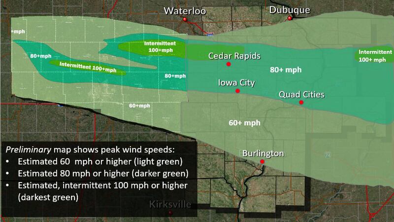 Estimated wind speeds along the path of the derecho on Monday, August 10, 2020, according to...