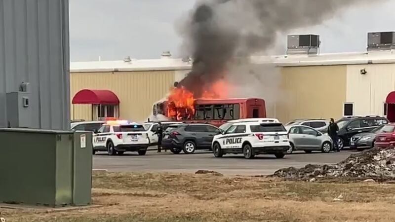 A First Resources bus on fire on Wednesday, February 16, 2022.