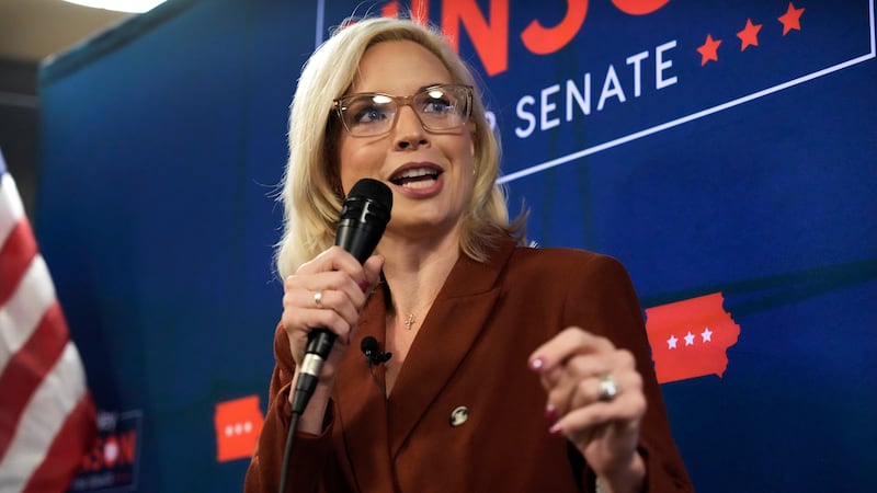 Republican nominee for U.S. Senate Rep. Ashley Hinson, R-Iowa, speaks to supporters, Thursday,...