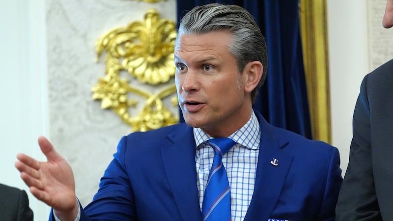 Defense Secretary Pete Hegseth speaks in the Oval Office of the White House during an...